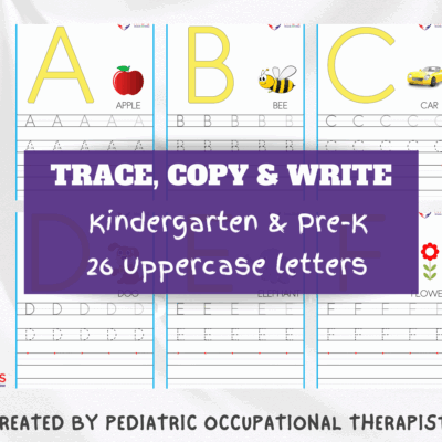 Printable uppercase alphabet tracing worksheets for kids – A to Z handwriting practice with tracing, copying, and writing exercises created by a pediatric occupational therapist.