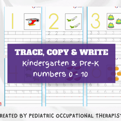 Printable number tracing worksheets 0–10 for preschool and kindergarten with trace, copy, and write activities created by pediatric occupational therapist.