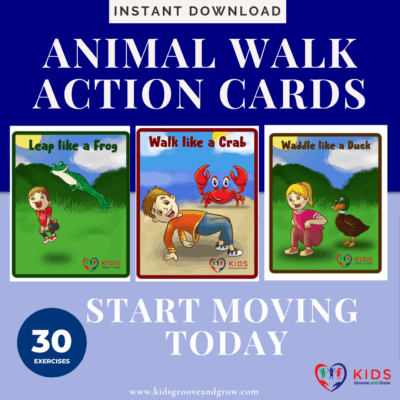 Illustration of children performing animal-themed exercises like leaping like a frog, walking like a crab, and waddling like a duck. Promotes ‘Animal Walk Action Cards’ by Kids Groove and Grow, featuring 24 movement-based activity cards for kids.