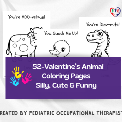 Valentine’s Day animal coloring pages for kids featuring a cow, duck, and dinosaur with playful sayings
