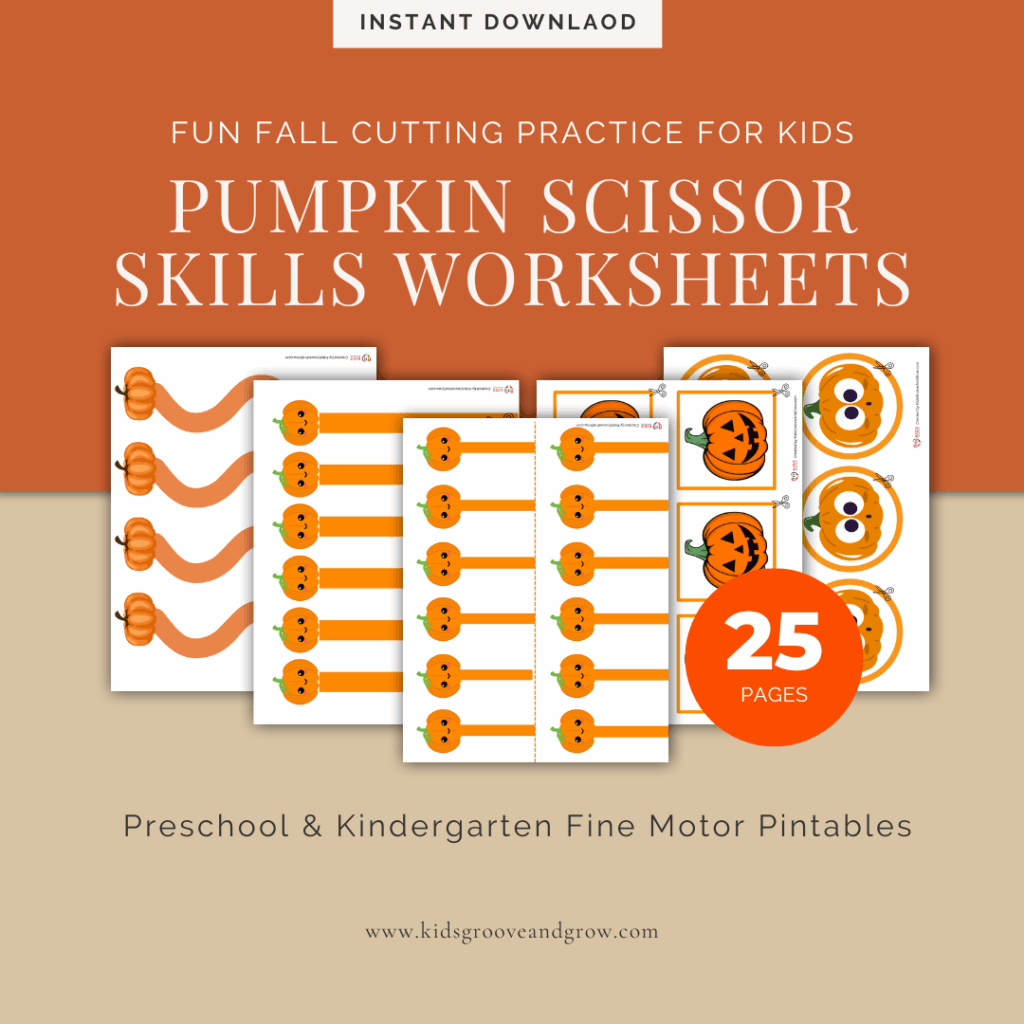 Pumpkin scissor skills worksheets printable pack for preschool and kindergarten fine motor practice – 25 fall cutting pages.