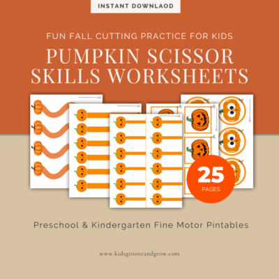 Pumpkin scissor skills worksheets printable pack for preschool and kindergarten fine motor practice – 25 fall cutting pages.