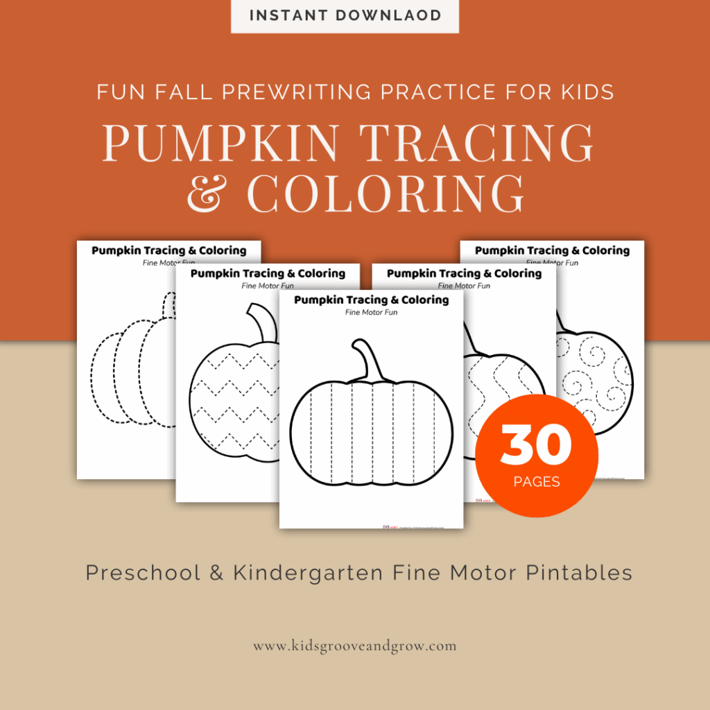 Pumpkin tracing and coloring worksheets – 30 printable pages for preschool and kindergarten fine motor skills.