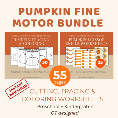 Pumpkin Fine Motor Bundle – 55 printable cutting, tracing, and coloring worksheets for preschool and kindergarten fall activities.