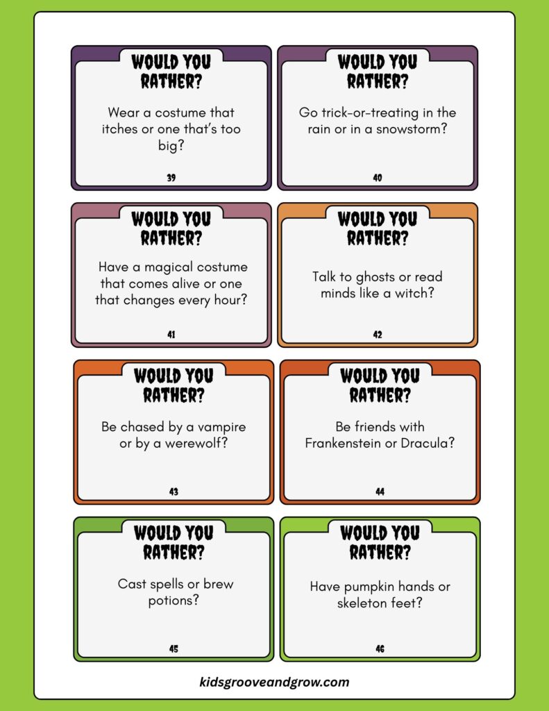 Printable Halloween Would You Rather Game Cards for Kids – spooky and funny questions set