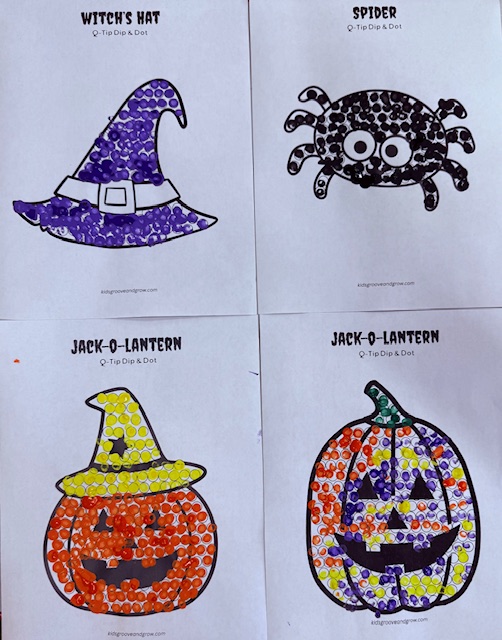 Four completed Halloween Q-tip painting worksheets featuring a witch’s hat, spider, and two jack-o-lantern designs filled with colorful paint dots.
