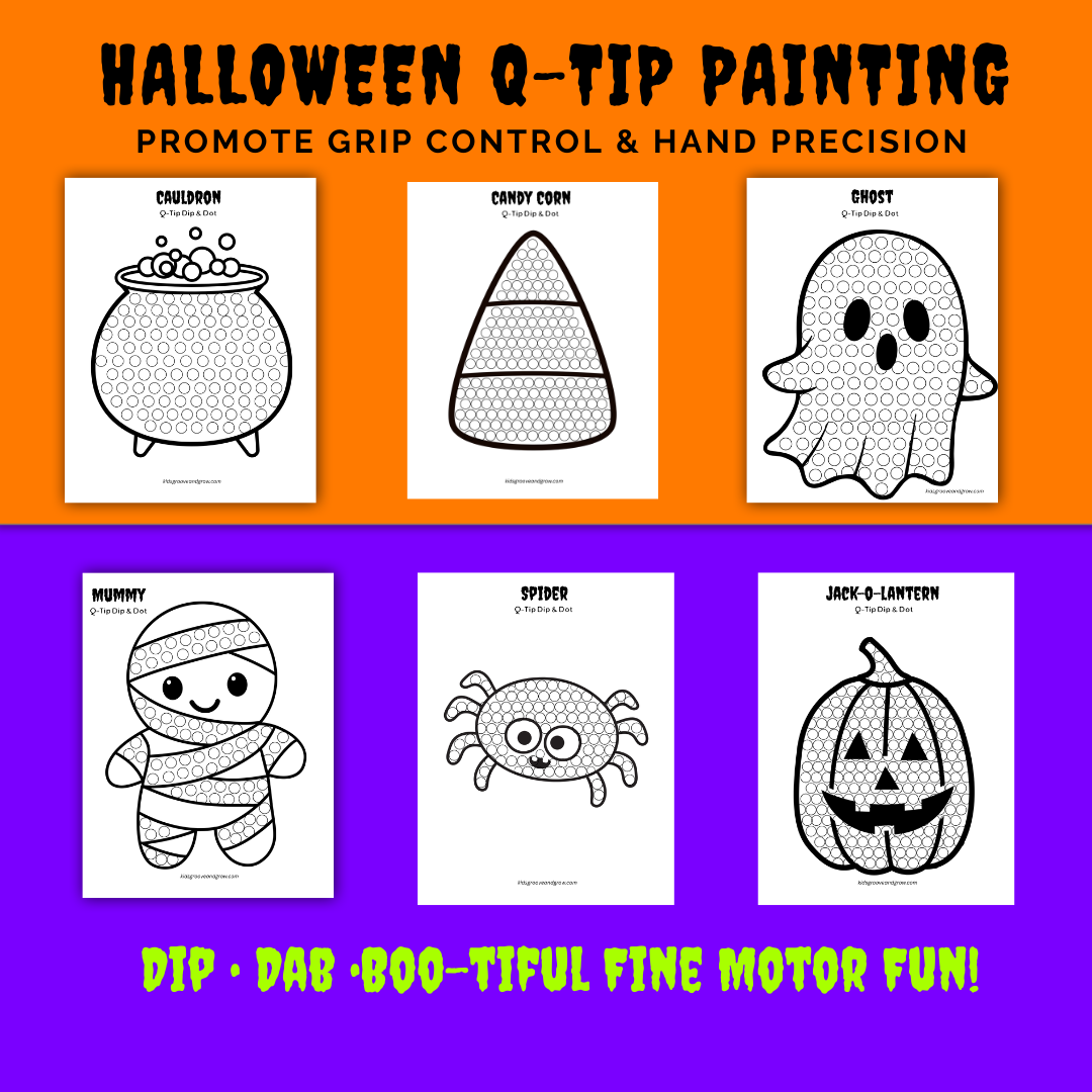 Halloween Q-tip painting worksheets promoting grip control and hand precision for preschool fine motor skills