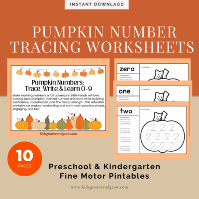 Pumpkin number tracing worksheets printable cover showing fall-themed activity pages for preschool and kindergarten to practice numbers 0–9 and fine motor skills.