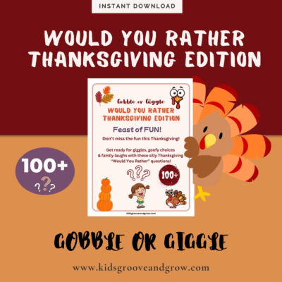 Printable Thanksgiving Would You Rather Game cover with turkey graphic, kid-friendly design, and 100+ holiday question cards.