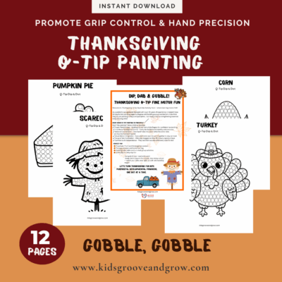 Thanksgiving Q-tip dot painting worksheets for kids showing turkey, corn, pumpkin pie, and scarecrow fine motor activity pages