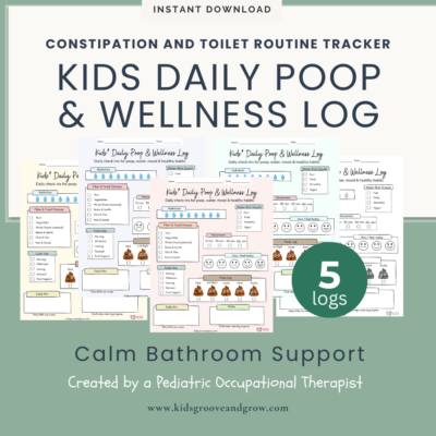 Kids Daily Poop and Wellness Log printable showing five calming color versions to support constipation and toilet routines