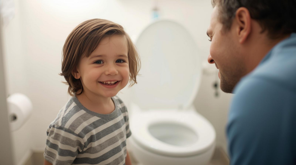 Parent calmly supporting a child with poop anxiety and stool withholding in children in a bathroom setting