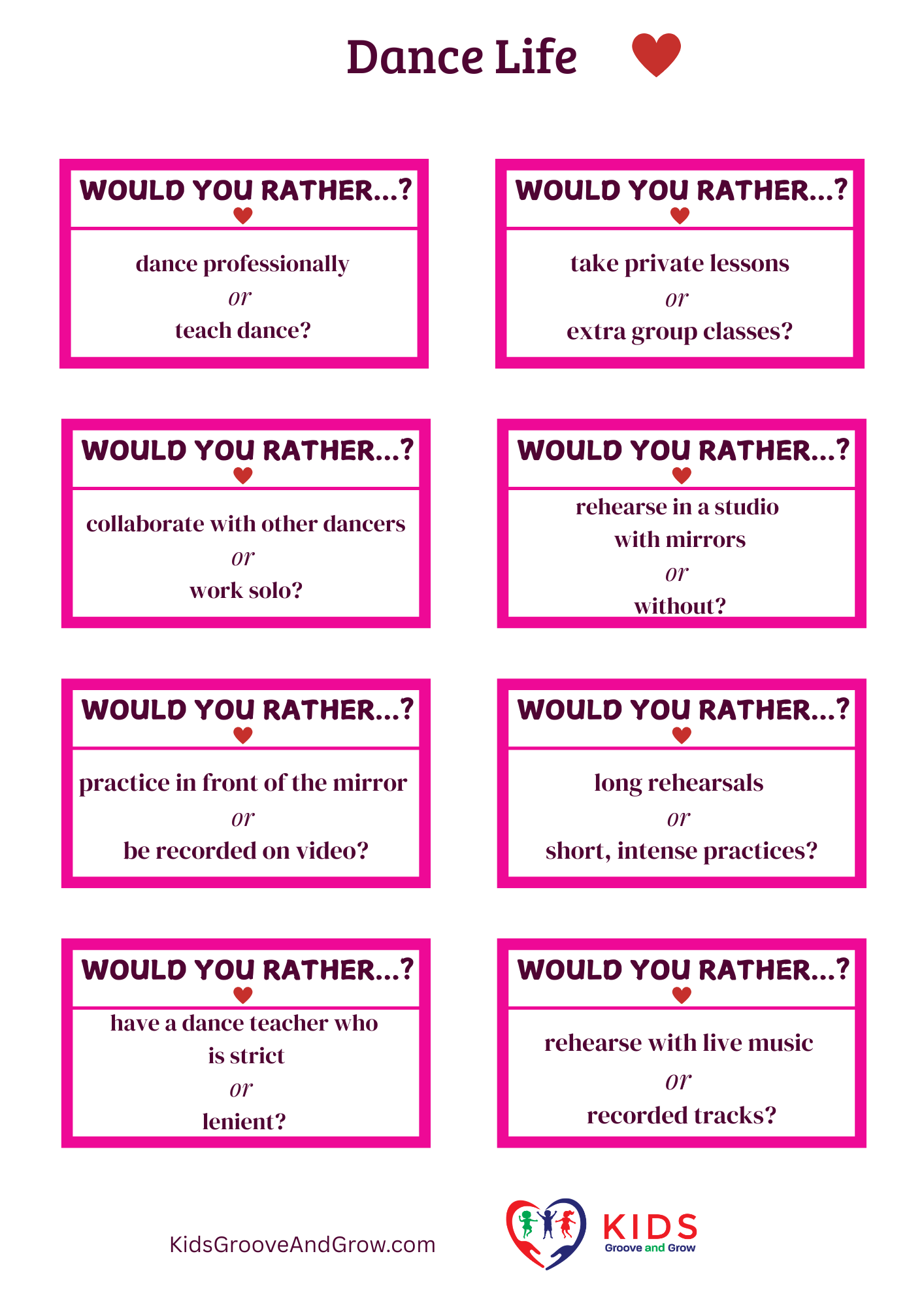 Preview of Dance Life Would You Rather cards featuring fun dance questions about classes, teammates, competitions, and everyday life for dancers.