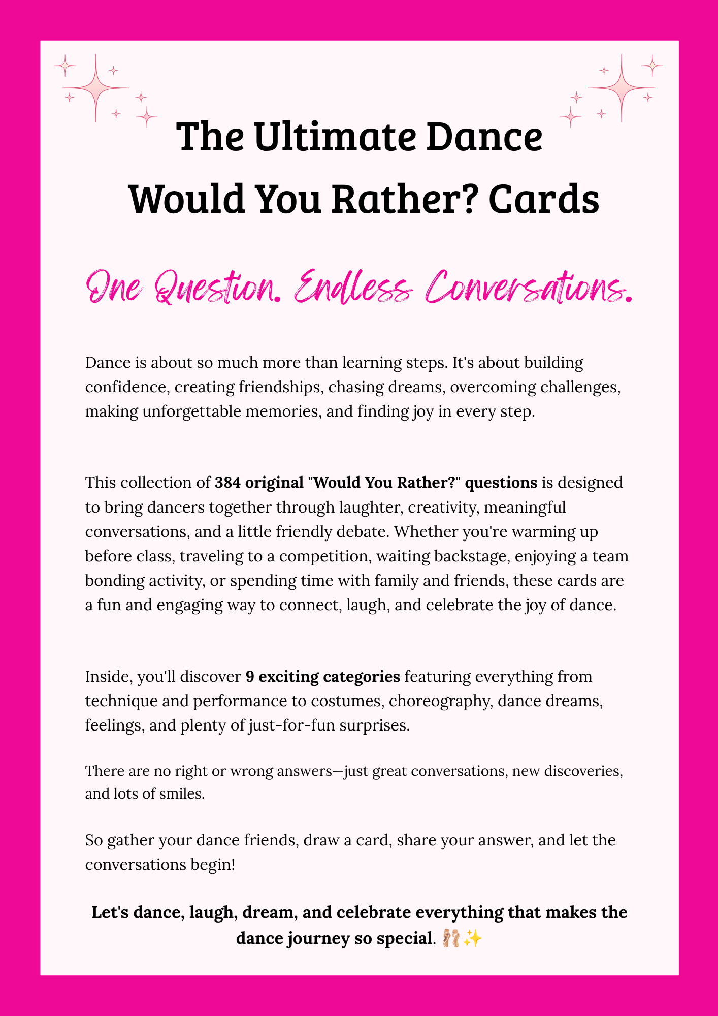 The Ultimate Dance Would You Rather Conversation Cards welcome page with game instructions and how to play.