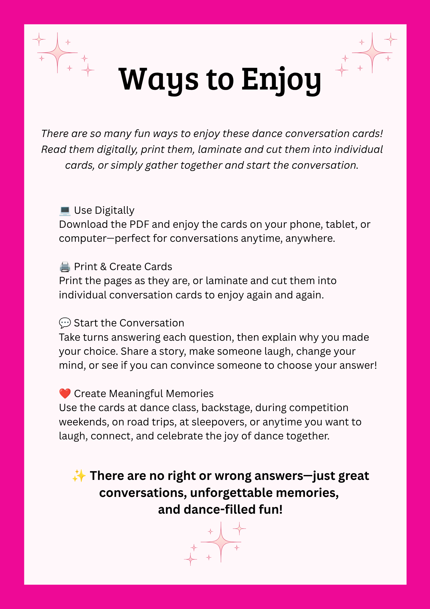 Ways to enjoy The Ultimate Dance Would You Rather Cards with ideas for dance classes, team bonding, family game nights, road trips, and competitions.