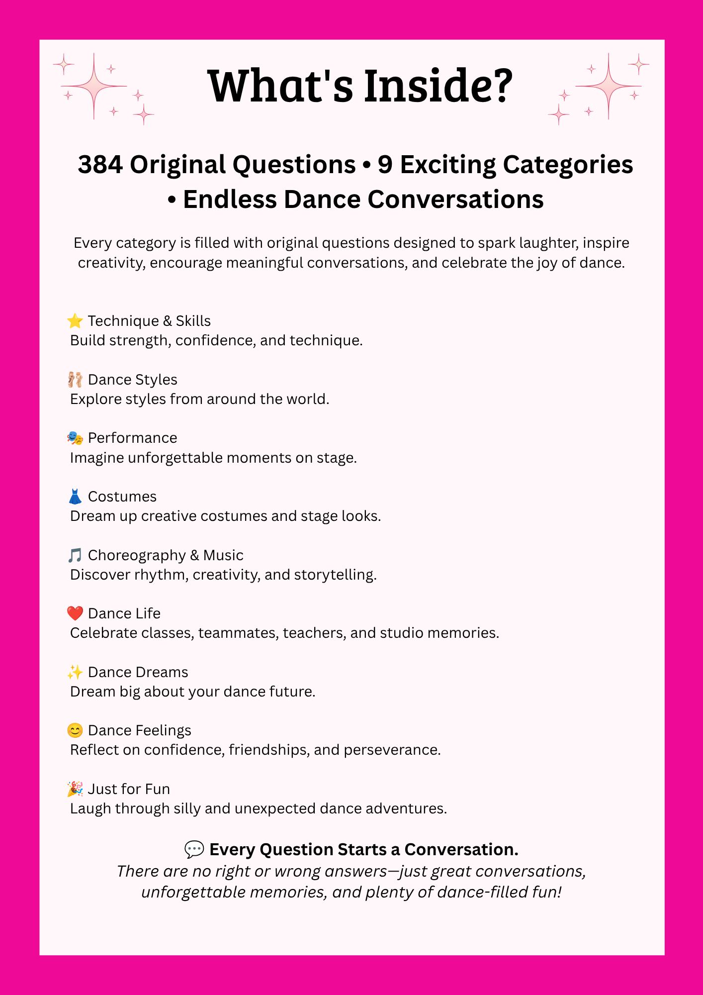 Preview page showing what's included in The Ultimate Dance Would You Rather Cards with 304 dance conversation questions across 9 categories for kids and teens.