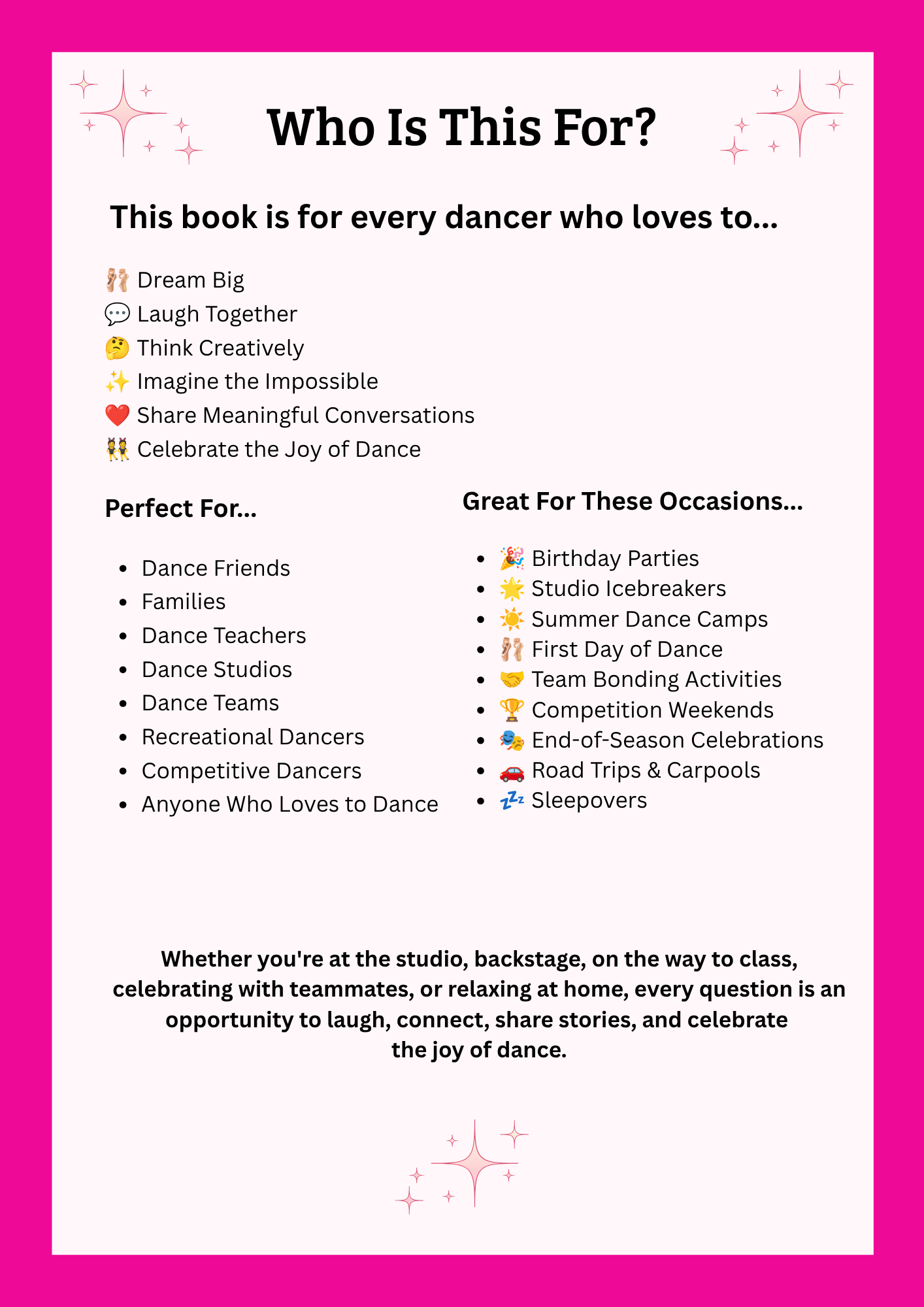 Who Is This For page showing the ideal audience for The Ultimate Dance Would You Rather Cards for dancers, dance teachers, studios, teams, and families.